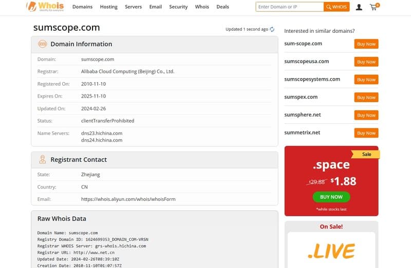 Sumscope's registration time on whois