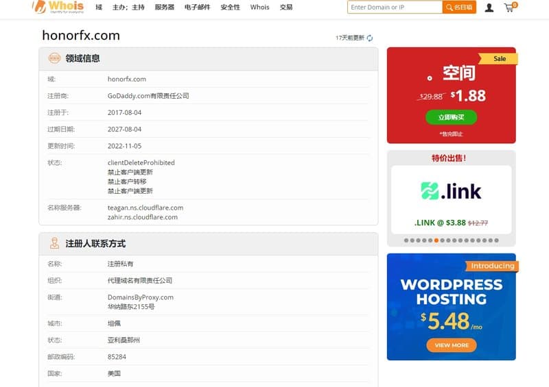 honorfx's whois domain registration time