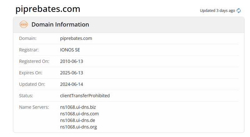 PIPRebates.com Whois domain age data