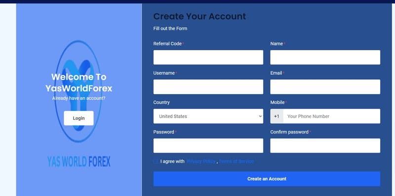 account register of  YasWorldForex
