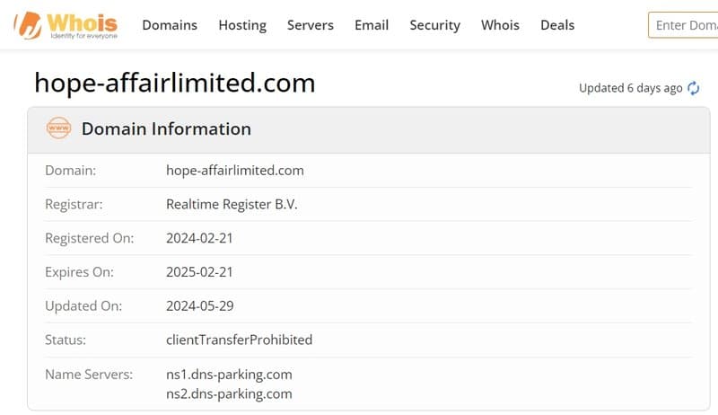 whois domain time of hope-affairlimited