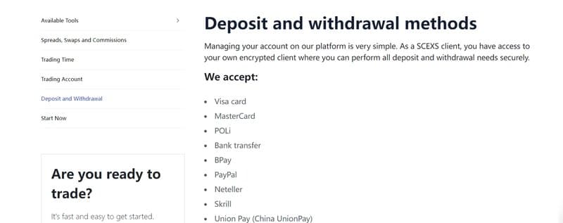 Deposit and Withdrawal Methods of SCEXS