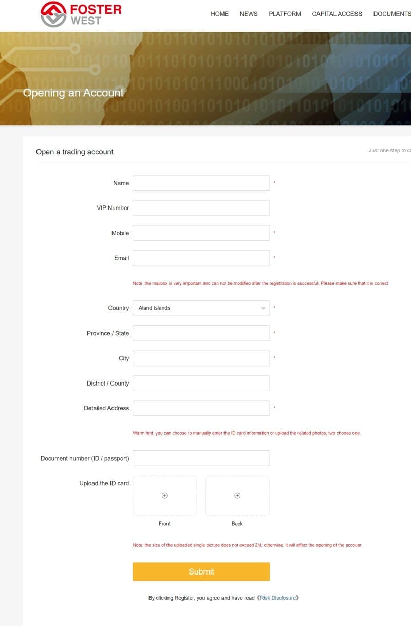 FOSTER WEST account registration process