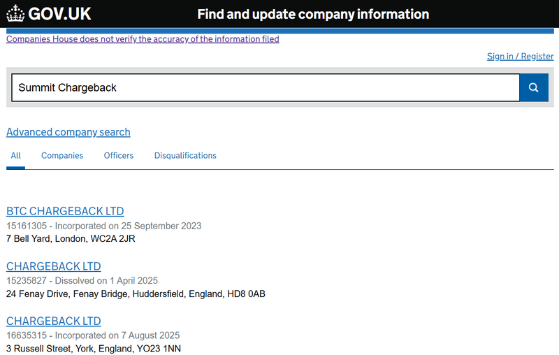 ผลการสอบถาม Companies House