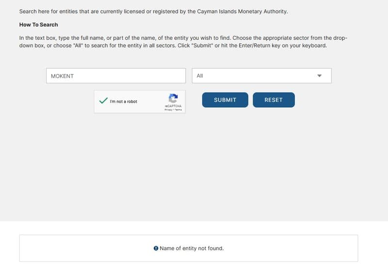 Company not registered with Cayman Islands Monetary Authority