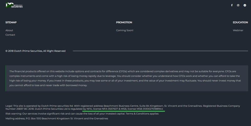 Dutch Prime Securities官网的监管声明