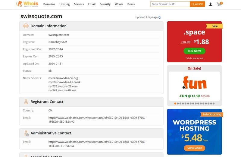 Hora de registro de dominio en whois de Swissquote