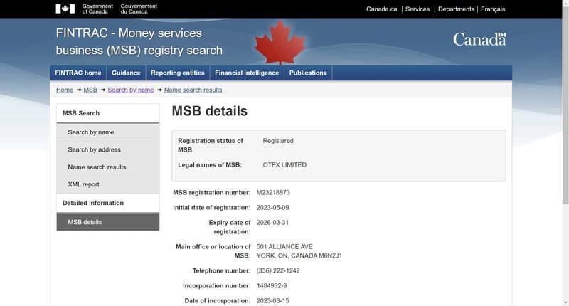 OTFX Canada Fintrac MSB Screenshot