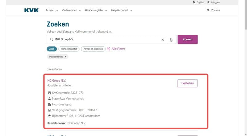 INGF JXP's registration information with the Dutch Chamber of Commerce