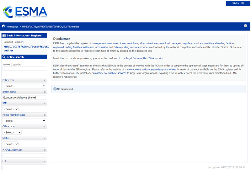 European Securities and Markets Authority（ESMA）