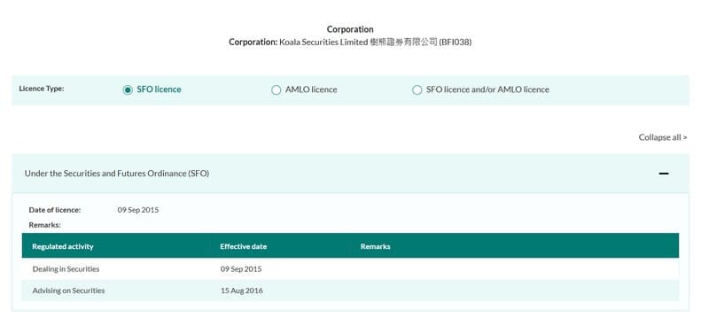 The only SFC-related entity is its partner Koala Securities Limited (HKEX No.: 8226)