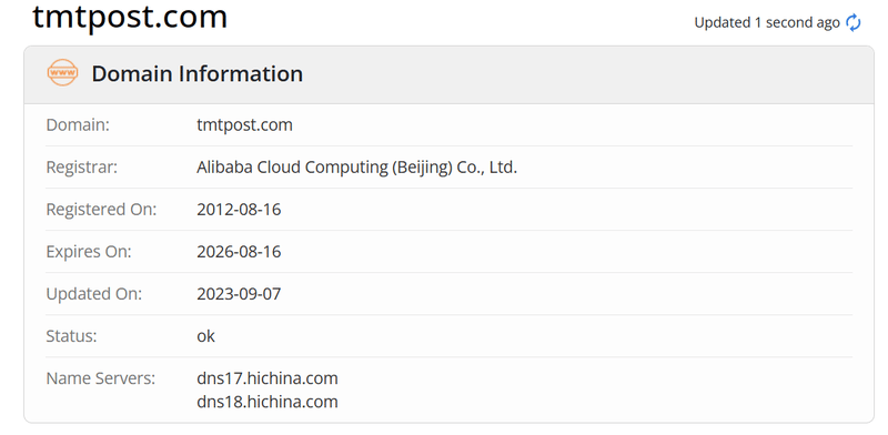 ข้อมูลช่วงเวลาของโดเมน whois.com ของ TMTPost