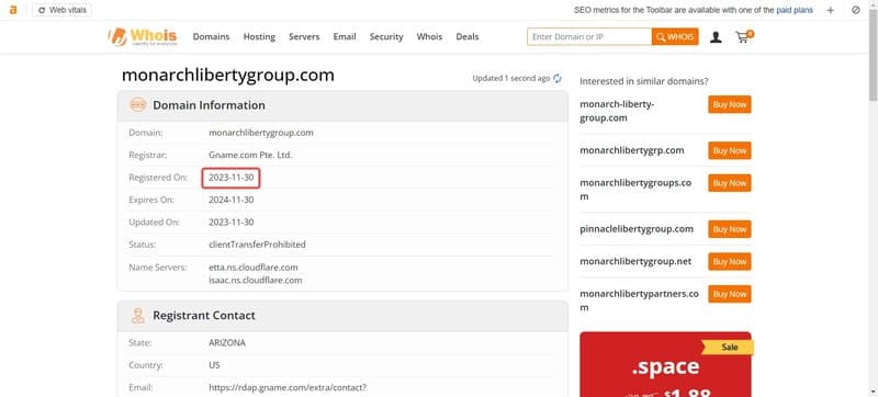 Monarch Liberty Group Ltd domain registration time