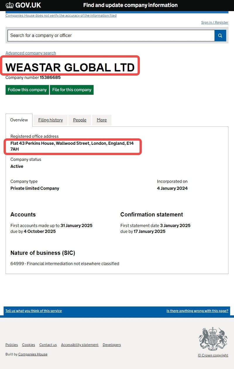 Weastar Global Markets Ltd's Corporate Registration Information Query