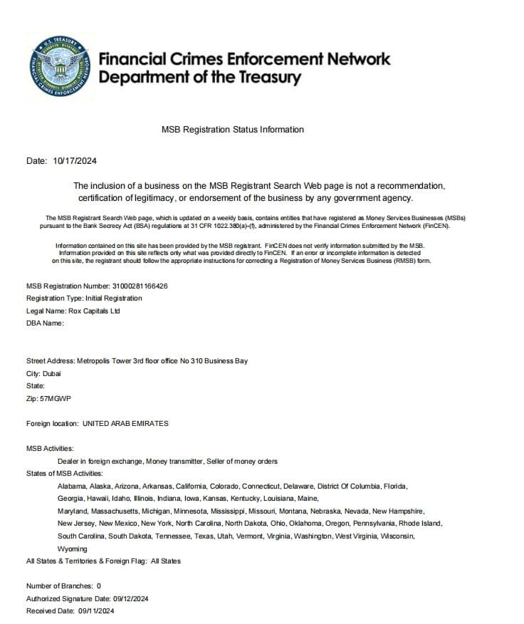 Rox Capitals' MSB license