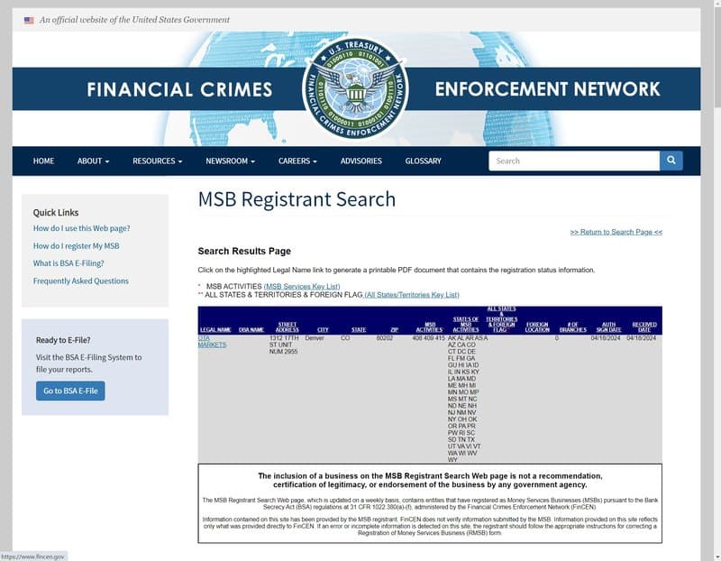 OTA MARKETS的美国MSB监管查询