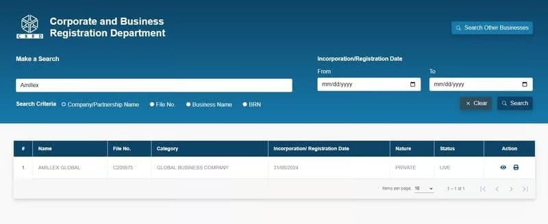 Thông tin doanh nghiệp của Amillex đã hoàn thành đăng ký từ ngày 31 tháng 5 năm 2024