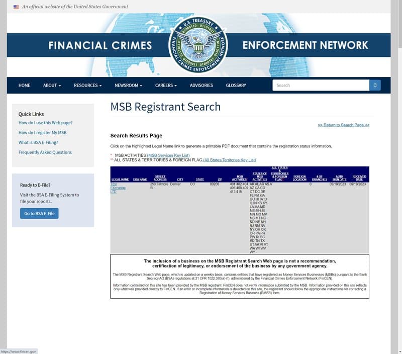 TDSR Exchange's MSB regulatory information