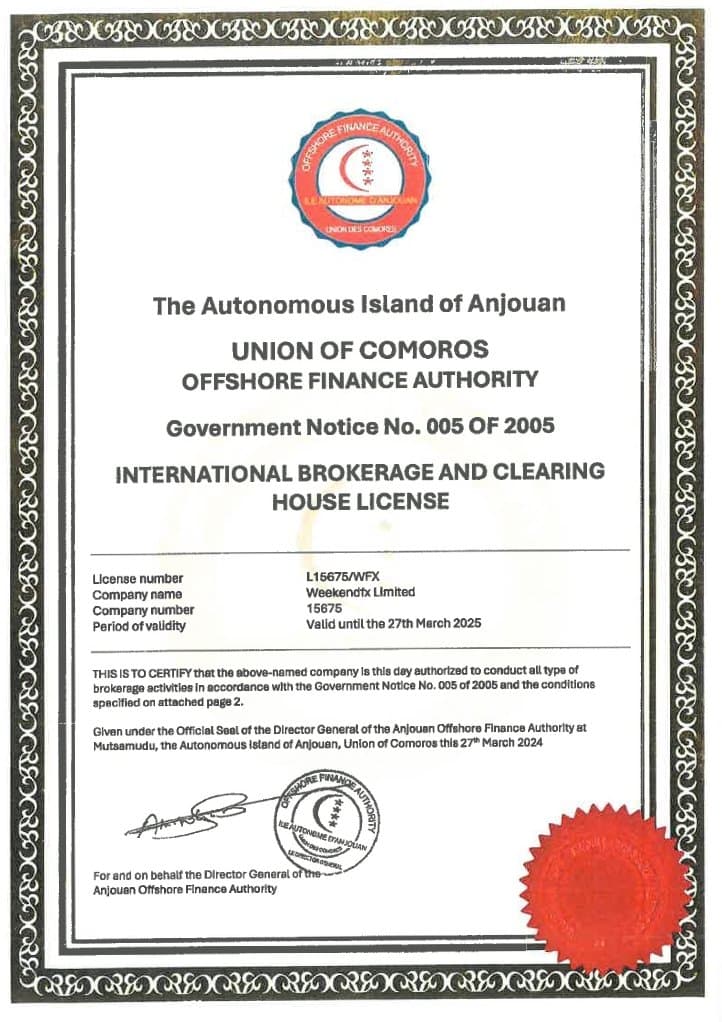Registration license of WeekendFX with the Anjouan Offshore Finance Authority