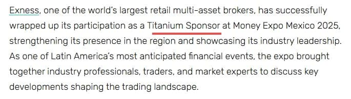 Report of Exness participating as Titanium sponsor in Money Expo Mexico 2025 and winning an award
