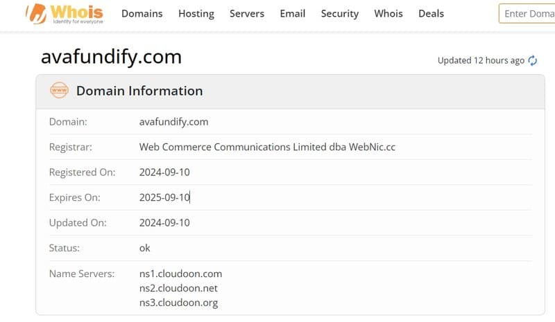 whois domain time of Avafundify