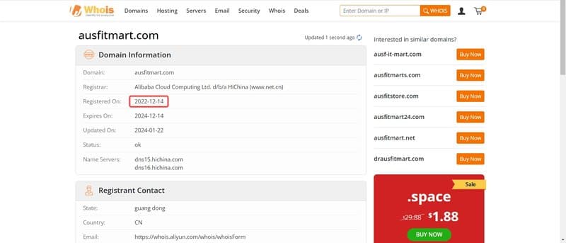 AUSFIT MART&#x27;s domain name registration time