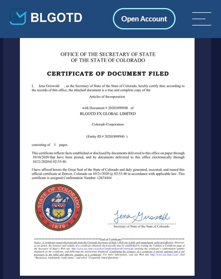 BLGOTD filing certificate from the Colorado Secretary of State’s office
