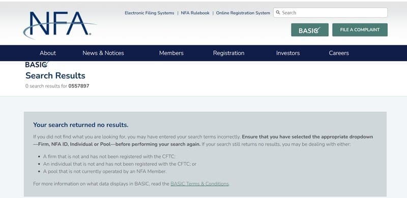 GTX EXCHANGE is not registered with NFA