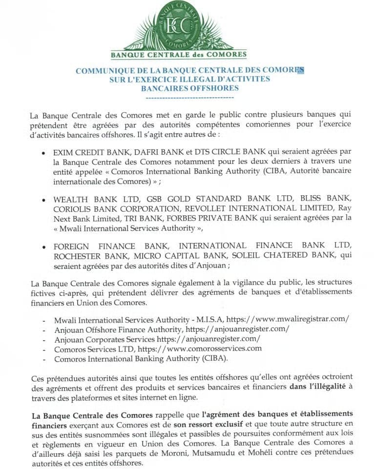 Central Bank of the Comoros (Banque Centrale des Comores)