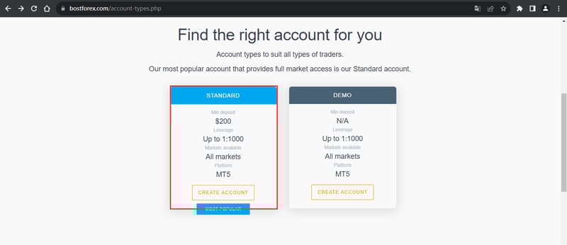 Official website showing trading account types