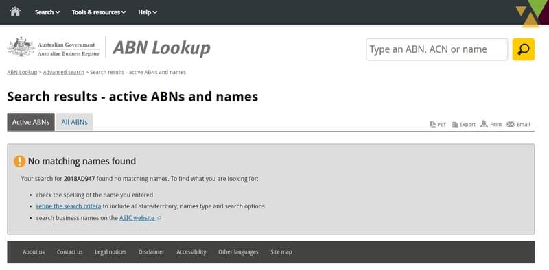 ABN number unverifiable on the Australian Business Register