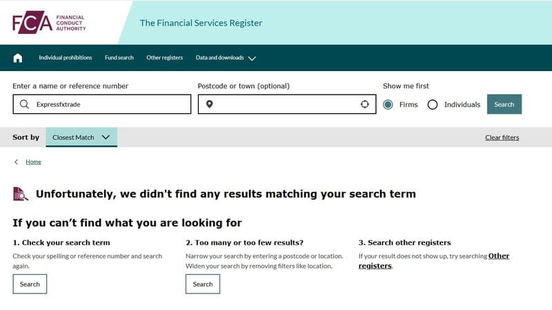 英国金融行为监管局(FCA)未找到Expressfxtrade的监管信息