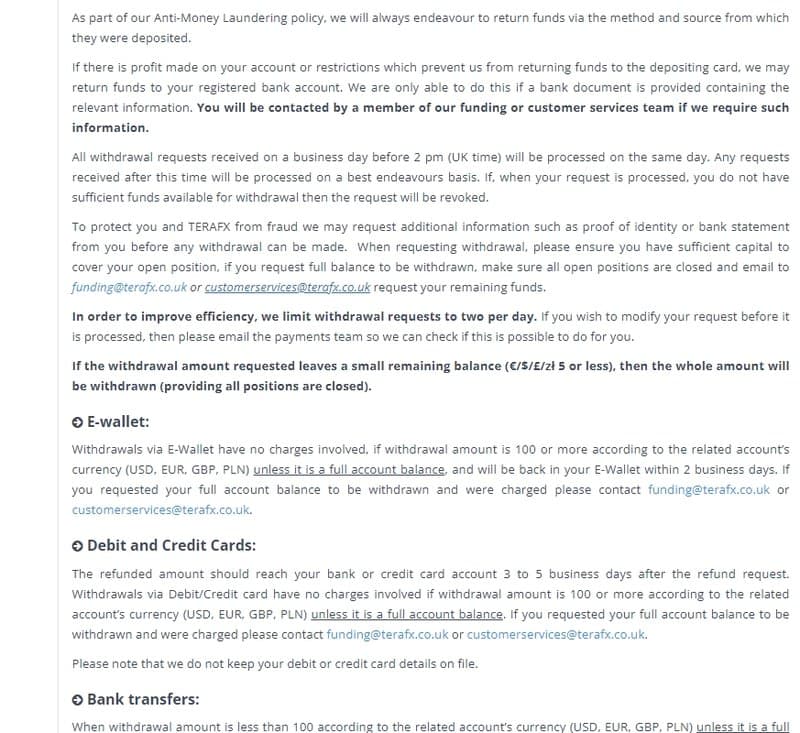TeraFX Withdrawal Methods