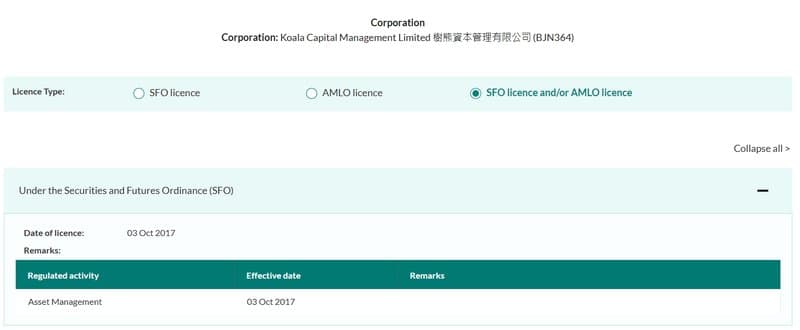 Koala Financial Group Limited holds SFC type 9 licenses