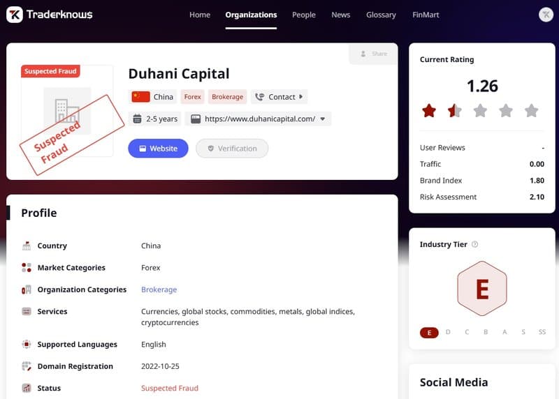 Currently, Duhani Capital is marked as “suspected scam” on trading circle encyclopedias.
