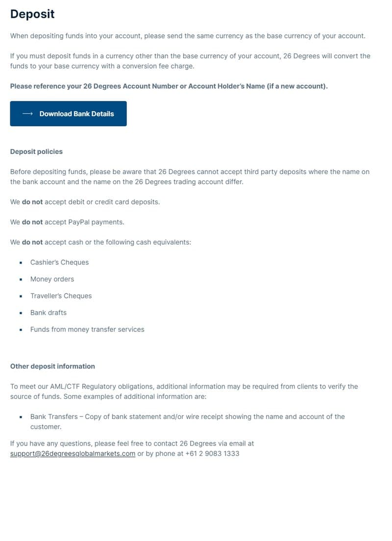 26 Degrees Global Markets deposit method