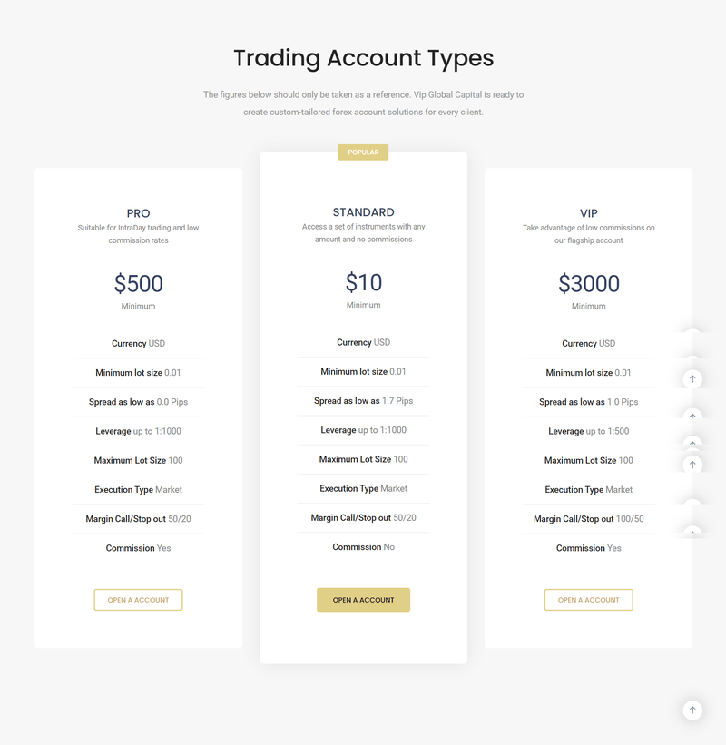 VIPGlobal Capital提供的账户类型