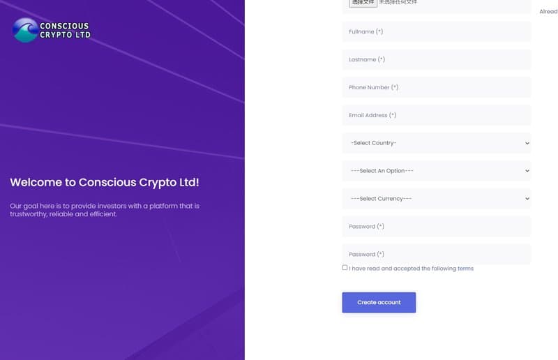 Account registration process at Conscious Crypto Ltd