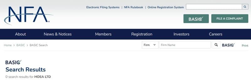 No NFA records for Hoea Ltd