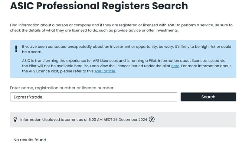 澳大利亚证券与投资委员会(ASIC)未找到有关Expressfxtrade的信息