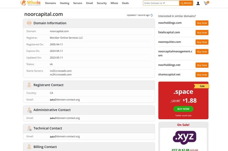 Noor Capital domain registration time on whois