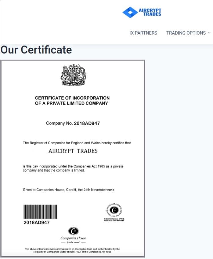 UK Companies House registration certificate displayed on Aircrypt Trades' official website