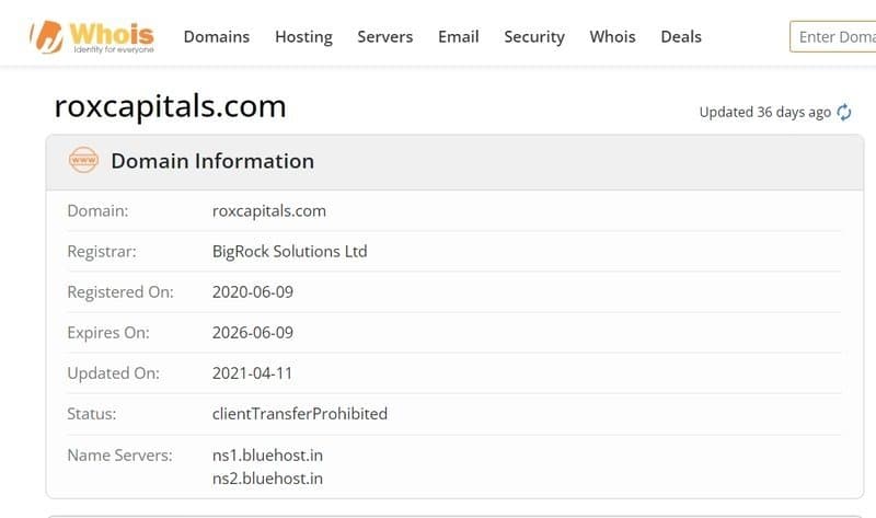 Rox Capitals' official website registered on June 9, 2020
