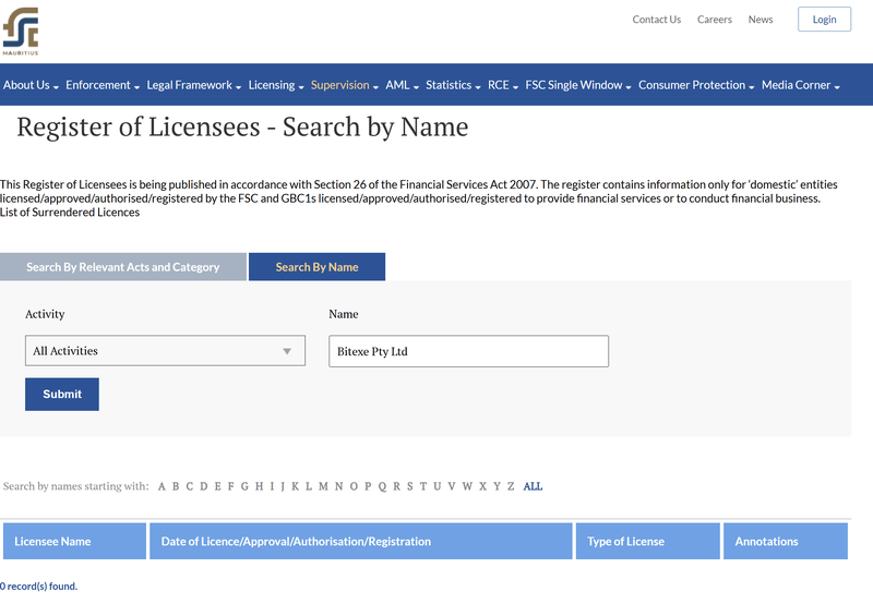 Financial Services Commission, Mauritius（Bitexe Pty Ltd）