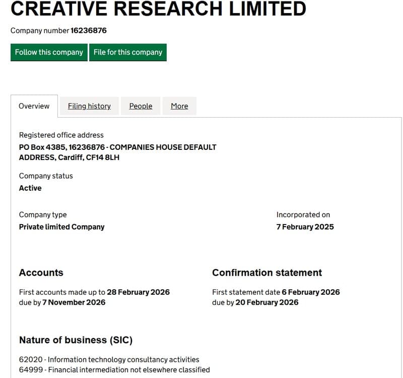 疑似CREATIVE RESEARCH LIMITED在英国工商局的注册信息