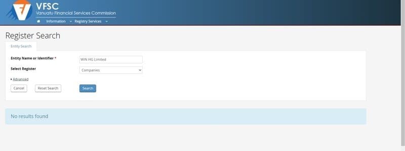 No registration information for WIN HG found on the VFSC website