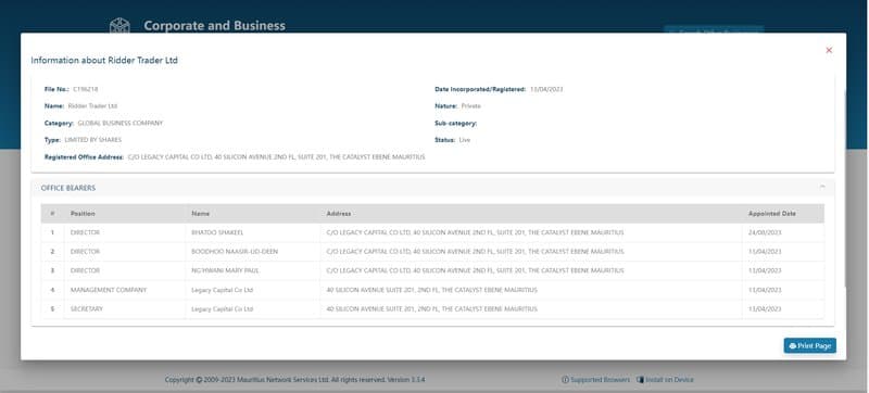 Ridder Trader毛里求斯企业与商业登记部（CBRD）注册信息查询结果