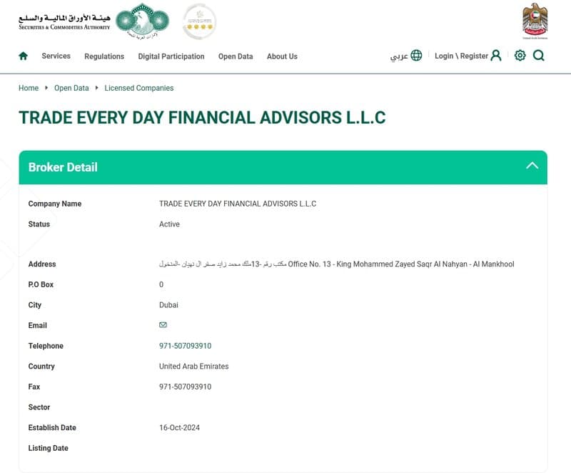 Regulatory information of UAE Securities and Commodities Authority (SCA)