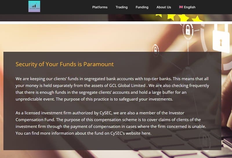 GCL Global Limited's website claims on fund safety