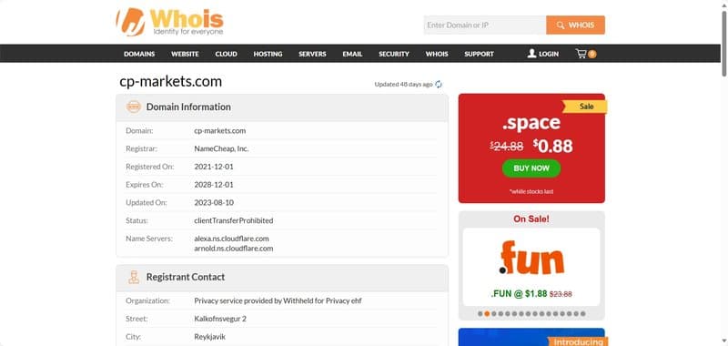 CP Markets에서 whois로 조회한 도메인 연도